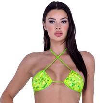 Sequin Bikini Crop Top Halter Neck Versatile Straps Tie Back Neon Yellow 6413 - £21.49 GBP