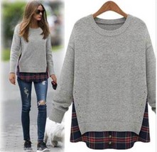 NEW Boho Chic Gray &amp; Plaid Asymmetrical Wool Blend Sweater OS Fits Sz S M - £34.90 GBP