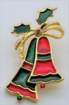 Vintage Christmas Bells Brooch Enamel Beatrix Rhinestone Gold Tone Pin - £7.90 GBP
