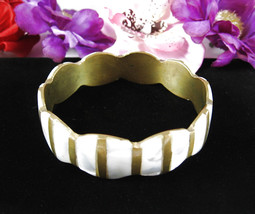Mop Insets In Brass Vintage Bangle Bracelet Wide Mother Of Pearl Pieces - £19.32 GBP