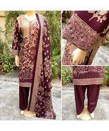 Pakistani Dark Beige Printed Straight Shirt 3-PCS Linen Suit w/ Threadwo... - £44.96 GBP