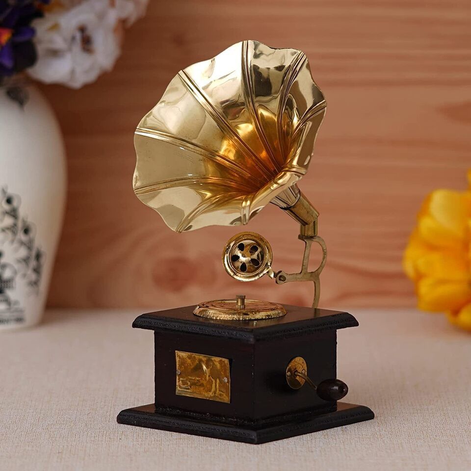 Sparkle Square Gramophone Showpiece - 23 cm (Brass, Brown, Gold) BEST QU... - $49.45