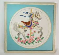 Crewel Needlepoint Carousel Horse Finished Framed Flowers Matted White Frame 17&quot; - £28.69 GBP
