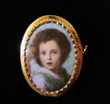 1800s Victorian 14K GOLD Cameo Hand Painted Porcelain Portrait Brooch Child - $395.99