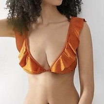 MINKPINK Sun &amp; Earth Frill Triangle Orange Metallic Copper Bikini Top Ne... - $27.97