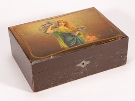 Vintage Wood Jewelry Box with Art Nouveau Woman on Lid - Fabric Lined - £26.16 GBP