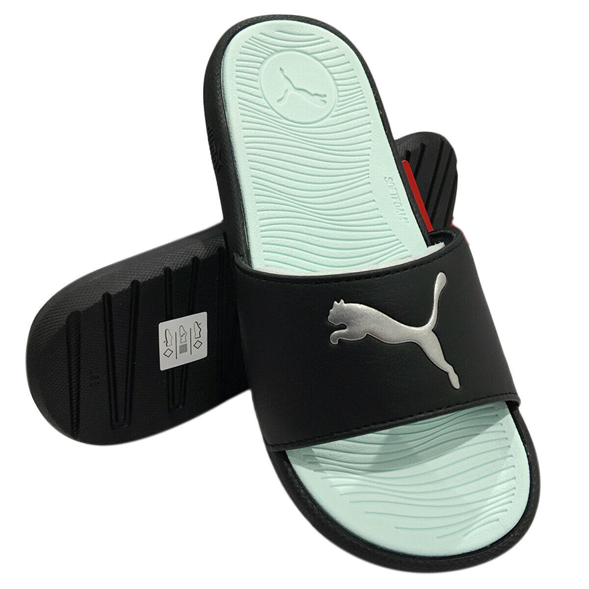 NWT PUMA MSRP $48.99 COOL CAT SPORT WOMEN&#39;S BLACK AQUA SLIP ON SLIDES SA... - $18.69