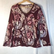 Zenergy Chico&#39;s Size 2 Large Burgundy Floral Paisley Sequins Shirt Cotton - £19.37 GBP