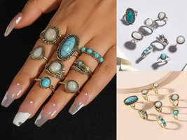 Maya Moonstone Turquoise Ring Set - 8 Pieces - £10.98 GBP