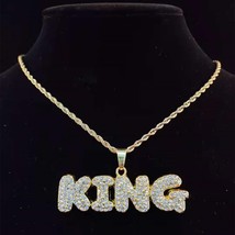 Men Women Hip Hop Full Rhinestone KING QUEEN Letter Pendant Necklace Cuban Chain - £35.18 GBP