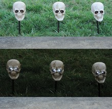 Halloween Skeleton Skull Pathway Markers 3 pc Set Light Up Eyes &amp; Spooky Sounds  - £31.01 GBP
