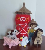 Handmade Crocheted Barnyard Gang Playset Farmer Cow Horse Pig Chicken &amp; Barn Bag - £30.29 GBP
