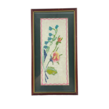 Finished Cross Stitch Bluebell Floral Pink Flowers 14.25 x 7.5&quot; Wood Frame Mat - £27.02 GBP