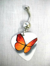 New Orange &amp; Yellow Butterfly Print Guitar Pick On 14g Clear Cz Belly Barbell - £4.71 GBP