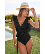 Solid Ruffle Sleeve Tie Front One Piece Swimsuit - €44,19 EUR