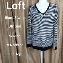 Loft Black &amp; White Striped Scallop V Neckline Sweater Size M - £9.41 GBP