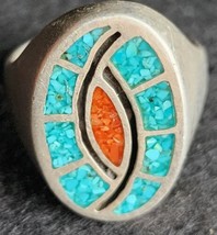 Vintage Old Pawn Navajo Sterling Silver Turquoise Coral Inlaid Ring Size 12 - £77.08 GBP