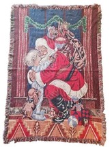 Vintage Fringe Christmas Throw Woven Blanket Santa Hugging Child, 47x70 - £30.43 GBP