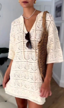 Women&#39;s Beige Crochet Cover Up 100% Cotton Beachy Short Sleeve Size S/M ... - $24.98