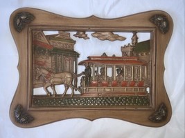 Vintage Burwood Wood Look  Wall Plaque 3D Horse San Francisco Trolley 21... - $49.49