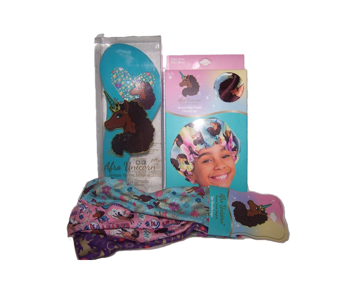 Afro Unicorn Haircare Set - Headwraps, Detangling Brush, Satin Lined Shower Cap