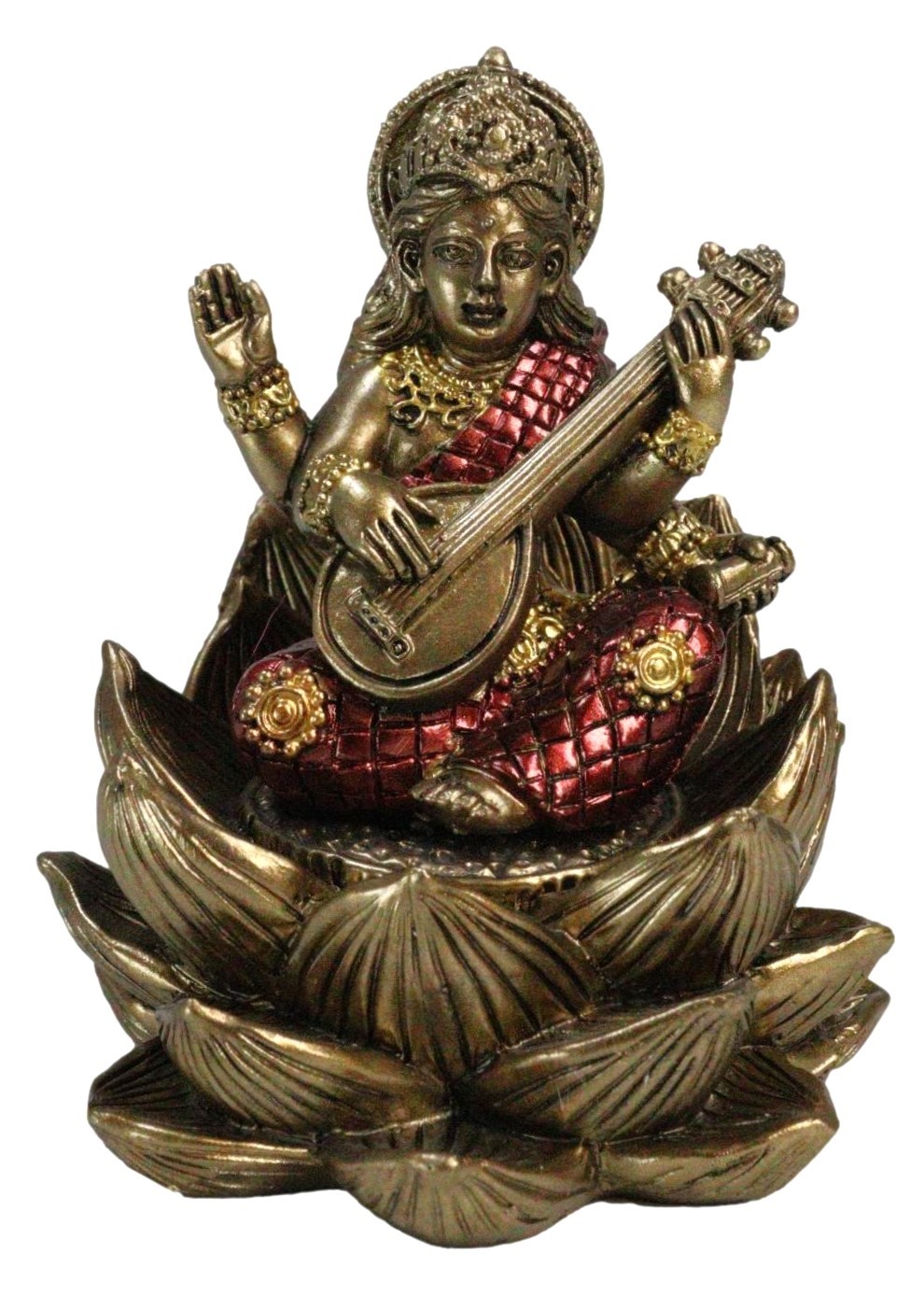 Hindu Deity Goddess Saraswati With Veena Guitar On Lotus Flower Mini Fig... - $17.99