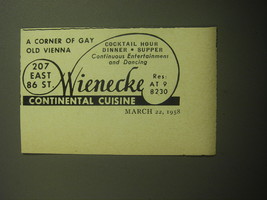 1958 Wienecke Restaurant Ad - A Corner of Gay Old Vienna - £14.58 GBP