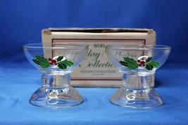 Avon Holly &amp; Berry Candlestick Holders Glass Vintage 1981 Hostess Collection - £6.65 GBP