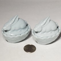 Set of 2 Mini Pastel Blue 2.25&quot; Bunny On Nest Salt Cellars Trinket Dishe... - $38.95