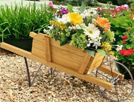 Wooden Wagon Wheelbarrow Flower Plant Cart Wood Stand Garden Rustic Decor - £39.80 GBP