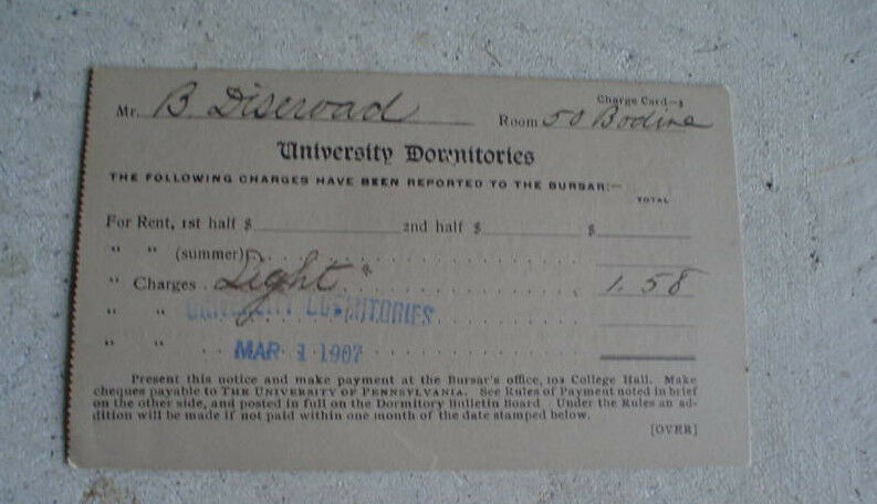 1907 University of Pennsylvania Dormitory Card - $22.77