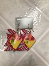 Hand Carved Wooden Fish Red Yellow Earrings  Made In The Philippines - £14.30 GBP