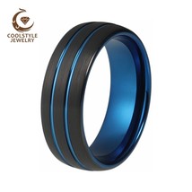 Black Blue Tungsten Weding Band For Men And Women Dome Band 8MM With Grooved Bru - £21.73 GBP