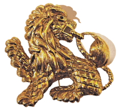 Joan Rivers IMPERIAL LION Brooch Pin Heraldic Antique Gold Tone 2 1/2&quot; Tall - $74.95