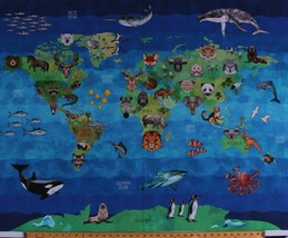 36&quot; X 44&quot; Panel Animals Around the World Map Continents Cotton Fabric D775.82 - £12.61 GBP