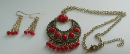 Gold-tone Bright Red Cab/Bead Pendant Necklace &amp; Earrings Set - £18.03 GBP