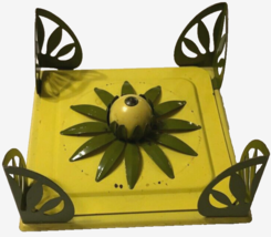 Napkin Holder Yellow Metal Green Accents Center Flower Knob Lid Vintage ... - $24.49