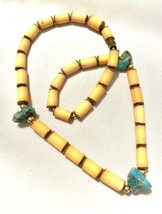 Vintage Bamboo Tube beads with Turquoise Chunks Necklace 17 Inch W Barrel Clasp - £20.47 GBP