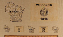 23.5&quot; X 44&quot; Panel Vintage Maps Wisconsin 1848 USA Cotton Fabric Panel D515.02 - £3.93 GBP