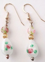 Delicate White Glass Bead Teardrop Earrings Pink Cherry Blossom Gold Tone  #JC-1 - £11.55 GBP