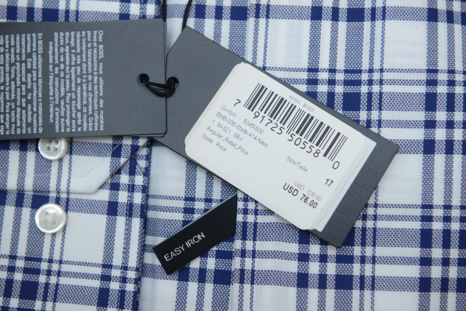 HUGO BOSS Herren Gordon Easy Iron Regular Fit Blau Kariert Baumwollkleid Hemd 37 Item image 5