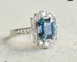 3Ct Emerald CZ London Blue Topaze Halo Alliance 14K Or Blanc Plaqué Argent - £83.42 GBP