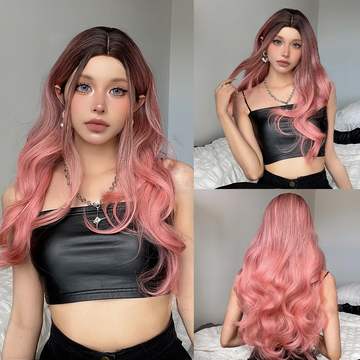 Long Body Wave Middle Part Wig for Women Ombre Pink Colorful Party Wigs Natur - £15.93 GBP+