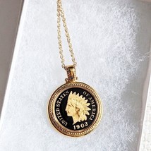 1902 Indian Head Penny Black Enameled Hand Painted American Coin Gold Necklace - £23.36 GBP