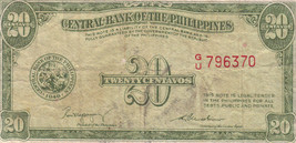 Philippine Paper Money: Central Bank Phils. 1949 20 Centavos - $5.95
