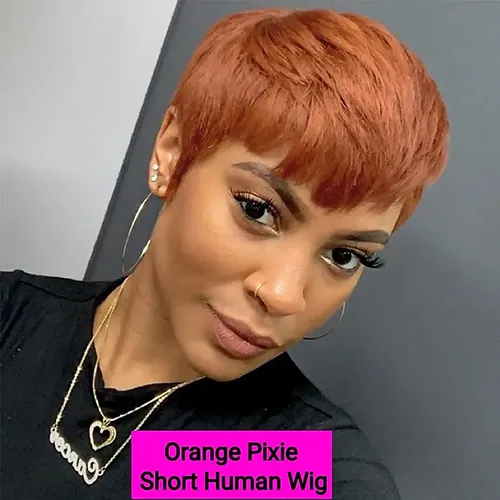Orange Short Pixie Human Glueless Wig - £124.61 GBP