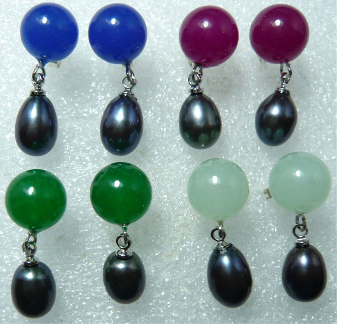 4 pairs of handmade 8mm jade stud &dangle black pearl earring free shipping - £19.97 GBP