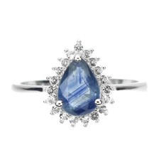 Heated Natural Pear Blue Sapphire 8x6mm White Topaz 925 Silver Ring Size 7 - £97.78 GBP