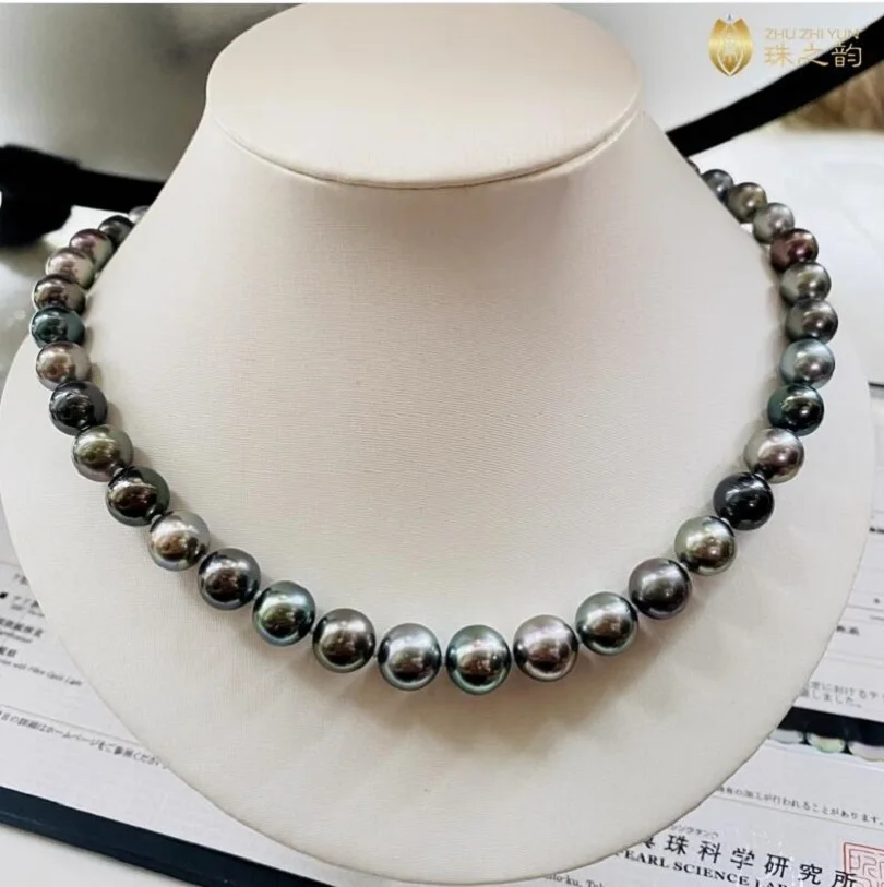 AAAAA LUSTER 11-12mm REAL Tahitian Black Round Pearl Necklace 14k Gold Buckle - £213.29 GBP