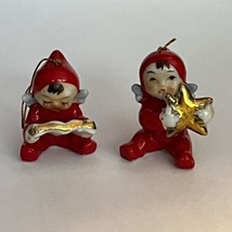 Vintage Japan Christmas Baby Angel Figurines Ceramic Red Pajamas With St... - $59.39